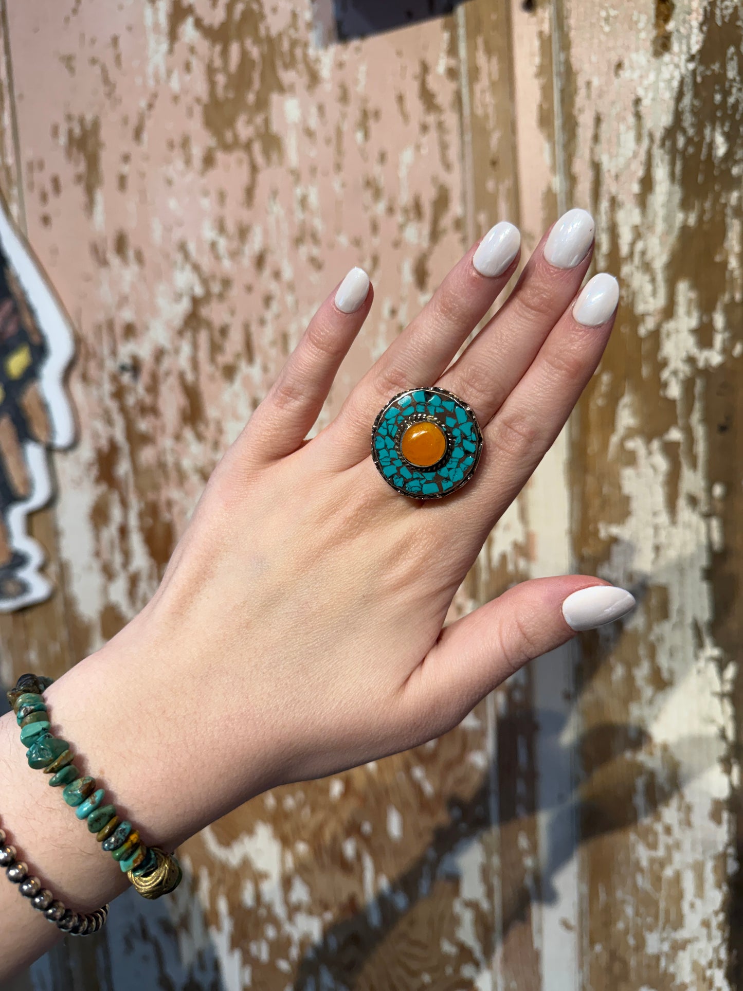 German Silver Turquoise Inlay Ring Size 9