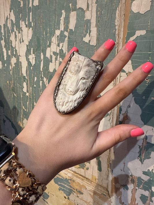 Tibetan Bone Wolf Adjustable Ring