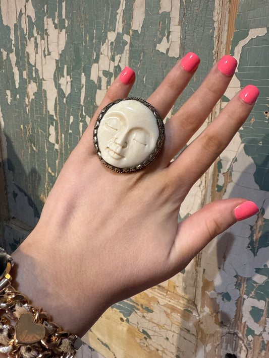 Tibetan Bone Full Moon Adjustable Ring