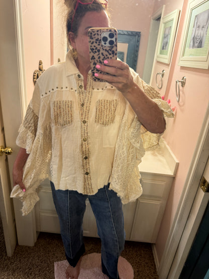 POL Natural Lace Gauze Ruffle Top