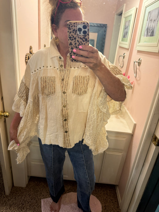 POL Natural Lace Gauze Ruffle Top
