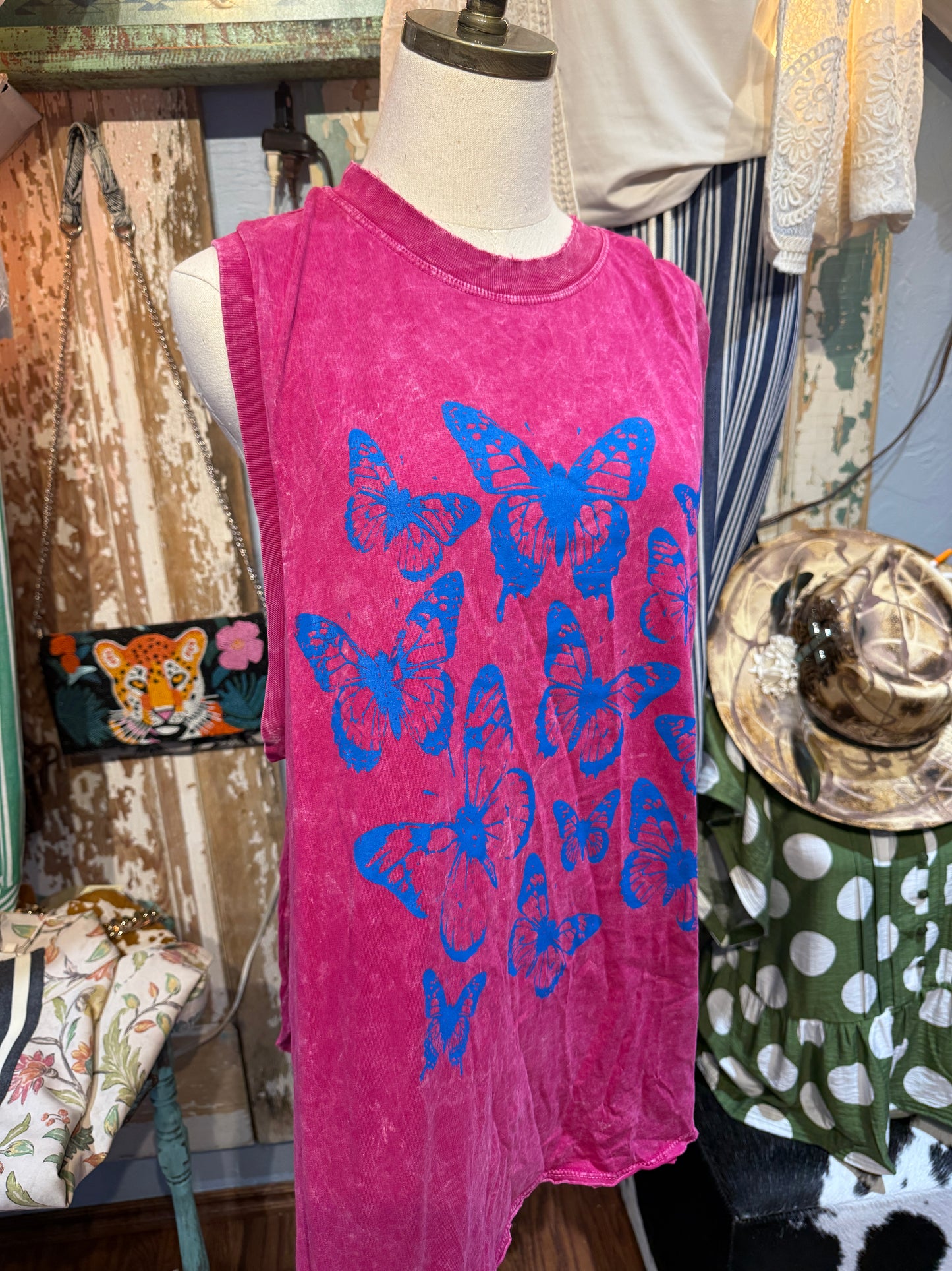 I Love Linen Pink and Blue Butterfly Tank