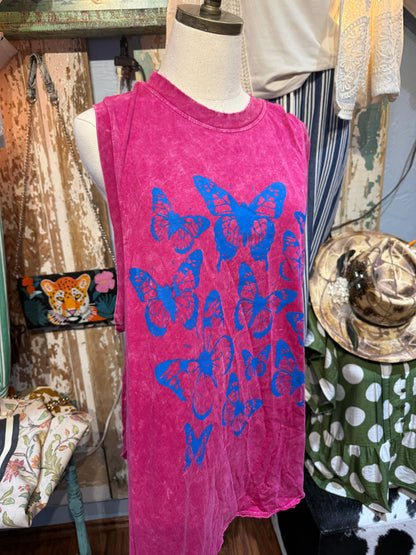 I Love Linen Pink and Blue Butterfly Tank