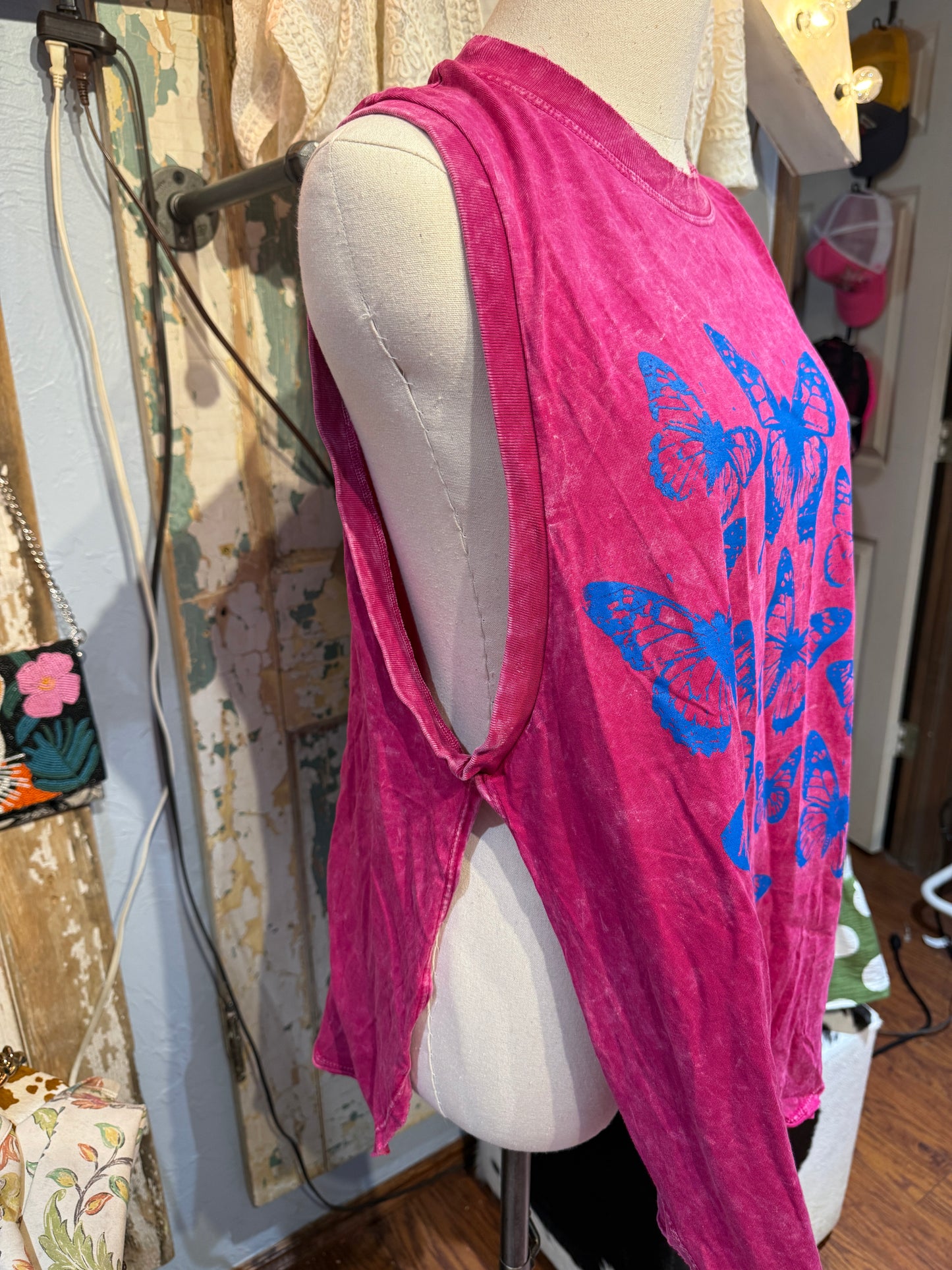 I Love Linen Pink and Blue Butterfly Tank
