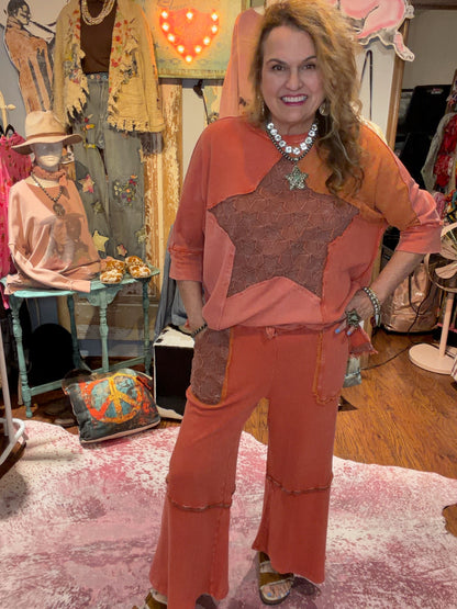 Easel Burnt Orange Star Patch Washed Terry Pants