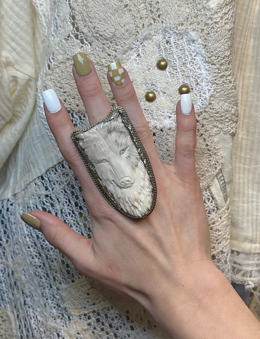 Tibetan Bone Wolf Ring