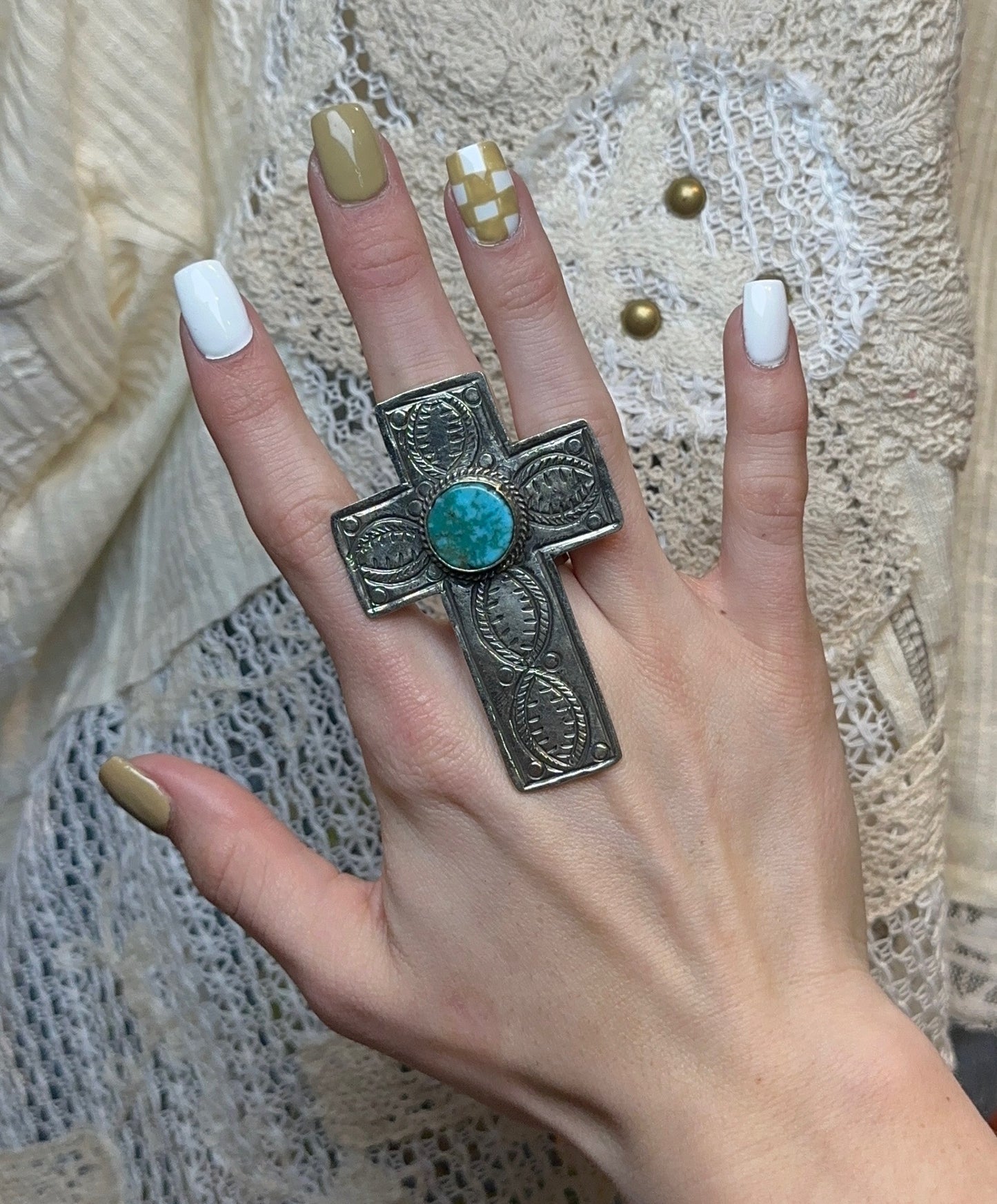 Tibetan Silver & Turquoise Cross Ring