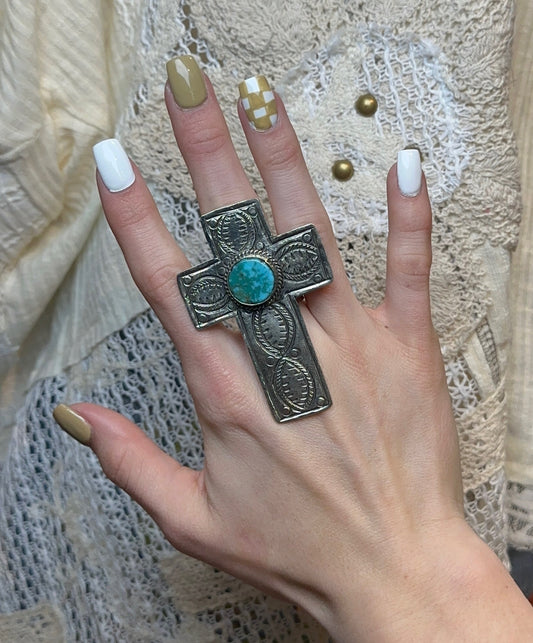 Tibetan Silver & Turquoise Cross Ring