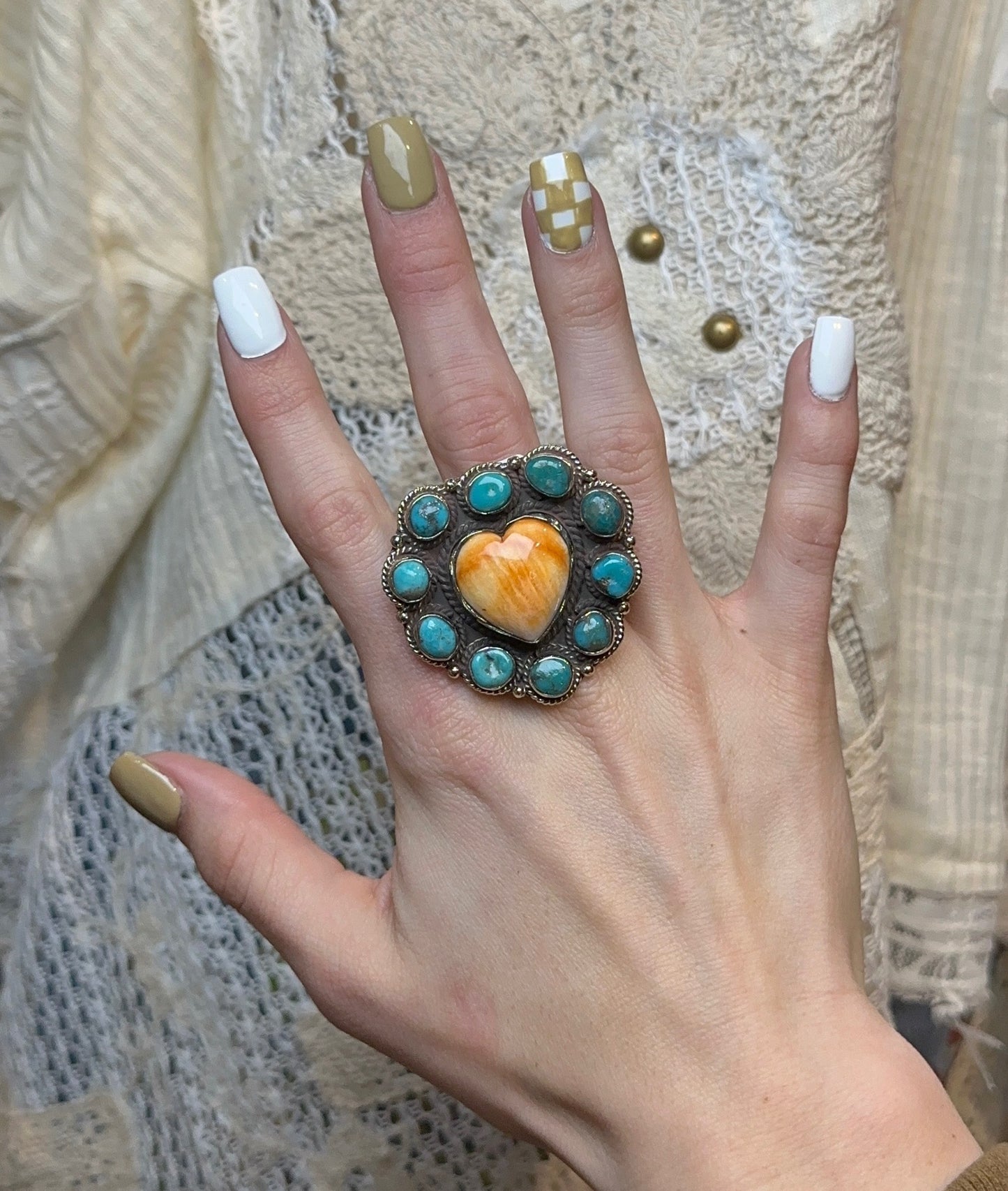 Tibetan Turquoise & Coral Heart Ring