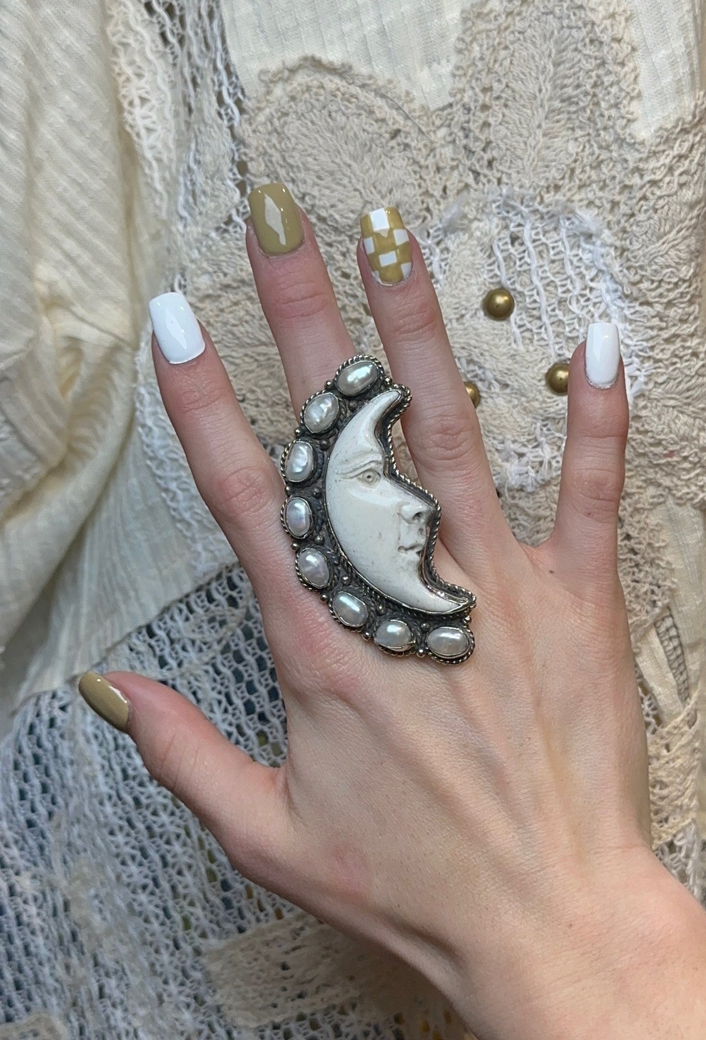 Tibetan Bone & Mother of Pearl Moon Ring