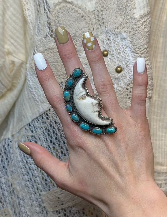 Tibetan Bone & Turquoise Moon Ring