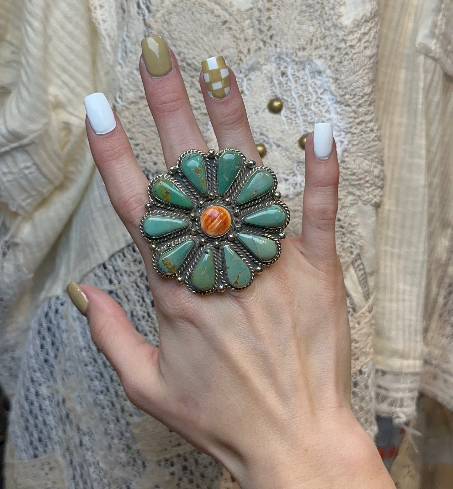 Tibetan Turquoise & Coral Flower Ring
