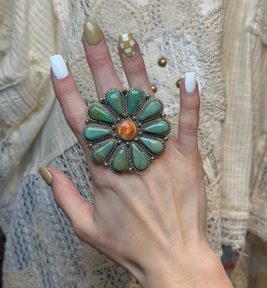 Tibetan Turquoise & Coral Flower Ring