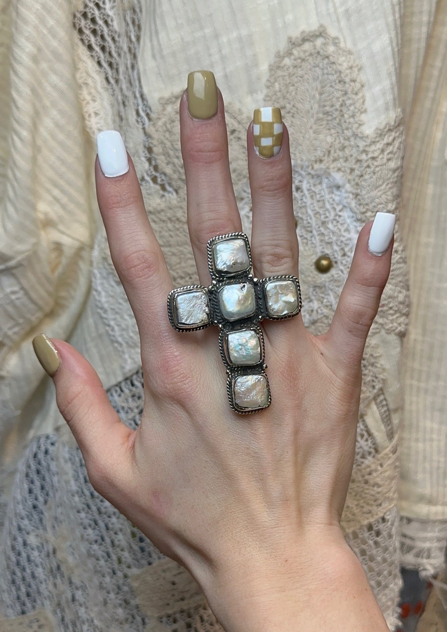Tibetan Mother of Pearl Cross Ring