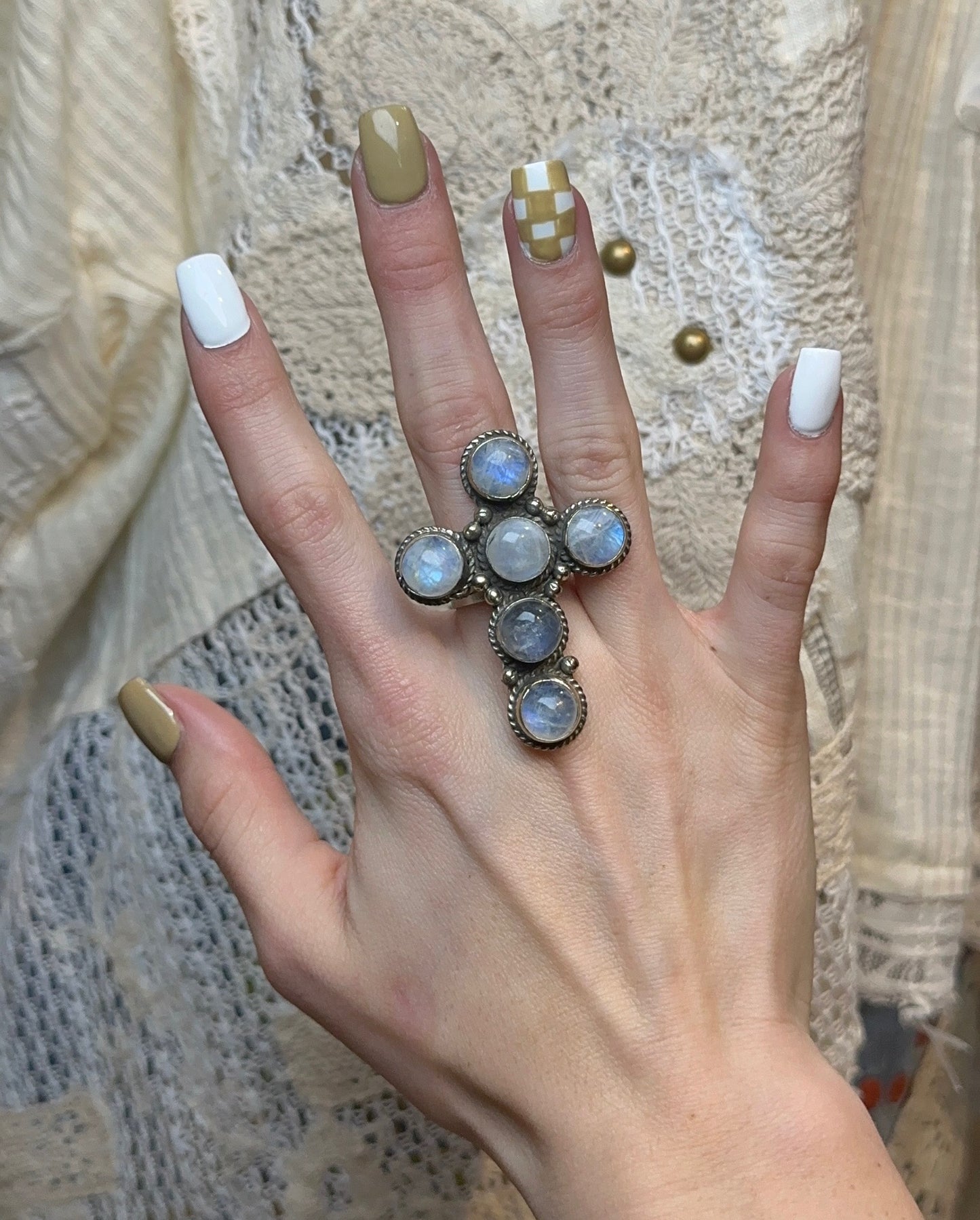 Tibetan Moon Stone Cross Ring