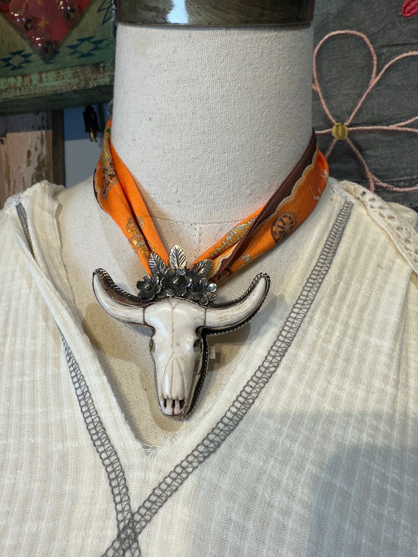 Tibetan Bone Skull Floral Pendant