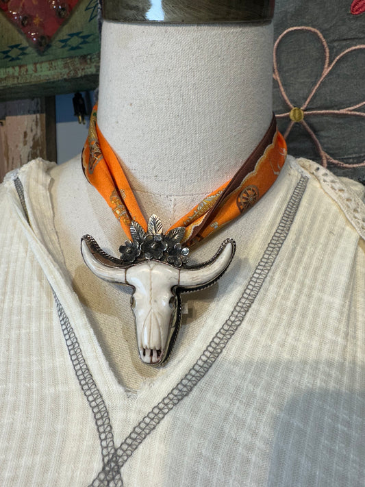 Tibetan Bone Skull Floral Pendant
