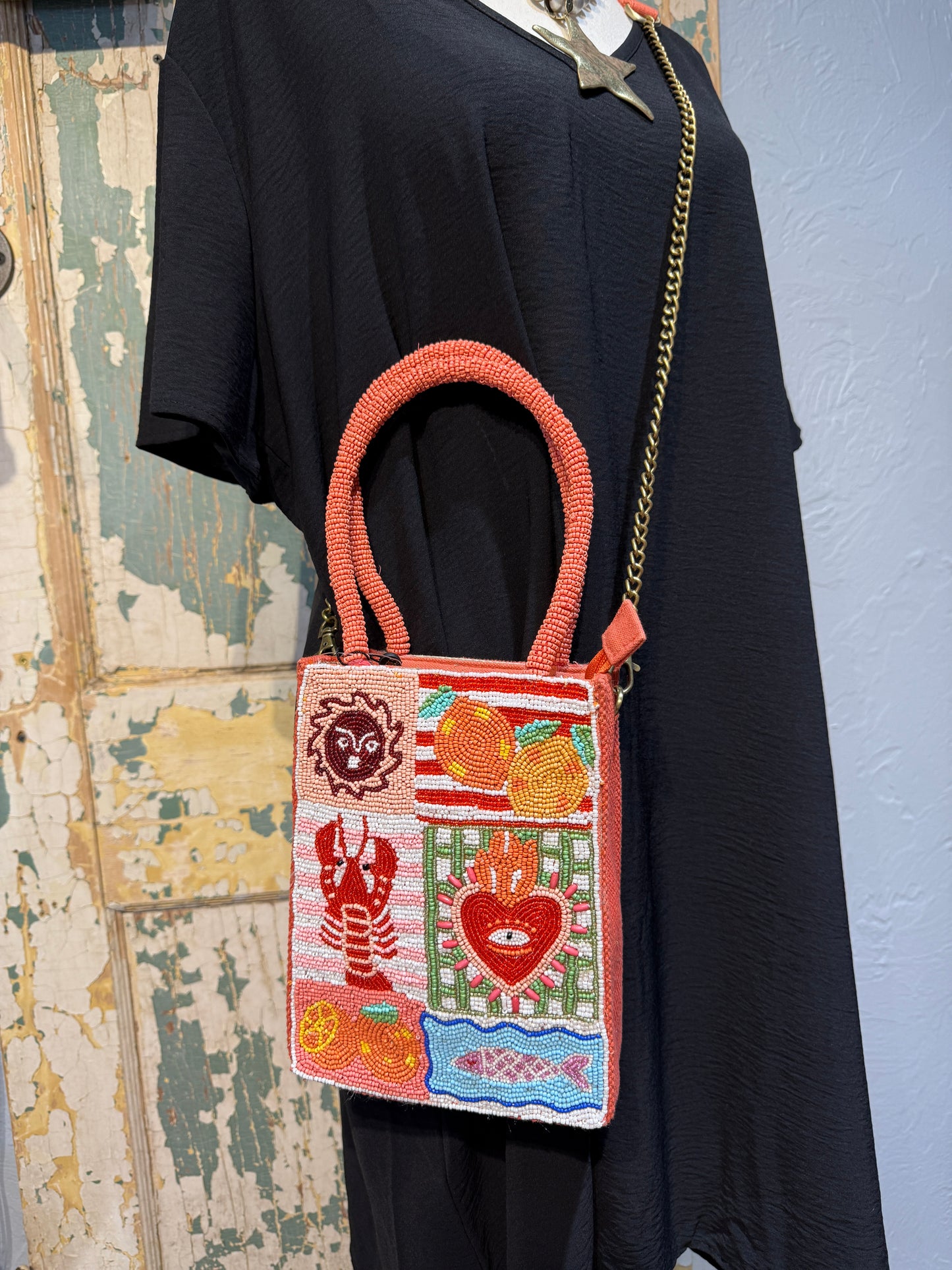 Sun and Sea Top Handle Beaded Bag