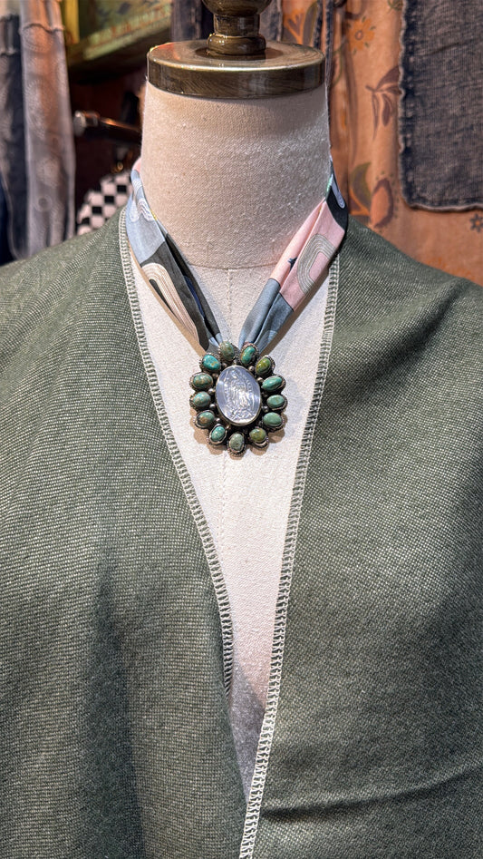 Tibetan Mother of Pearl & Turquoise Mary Pendant