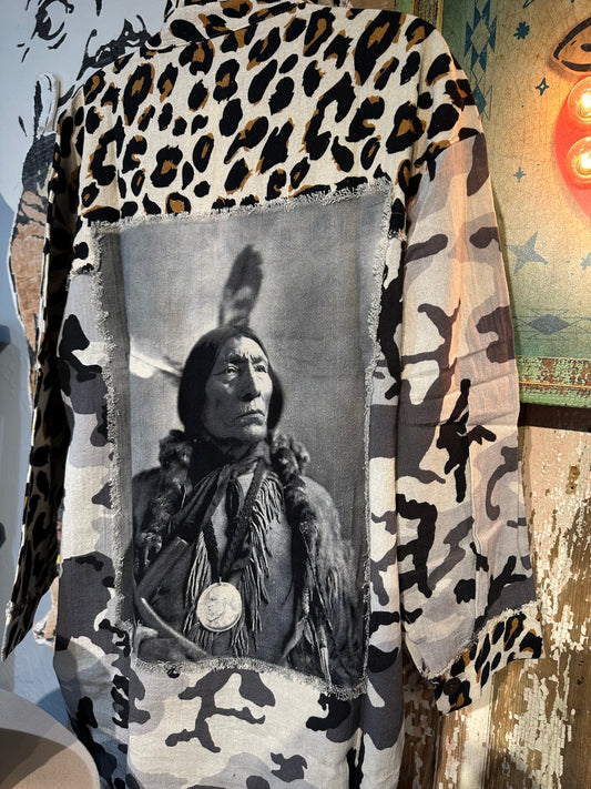Linen Cheetah Chief Button Shirt Black and White