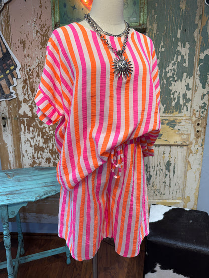 Pink and Orange Muslin Stripe Shorts
