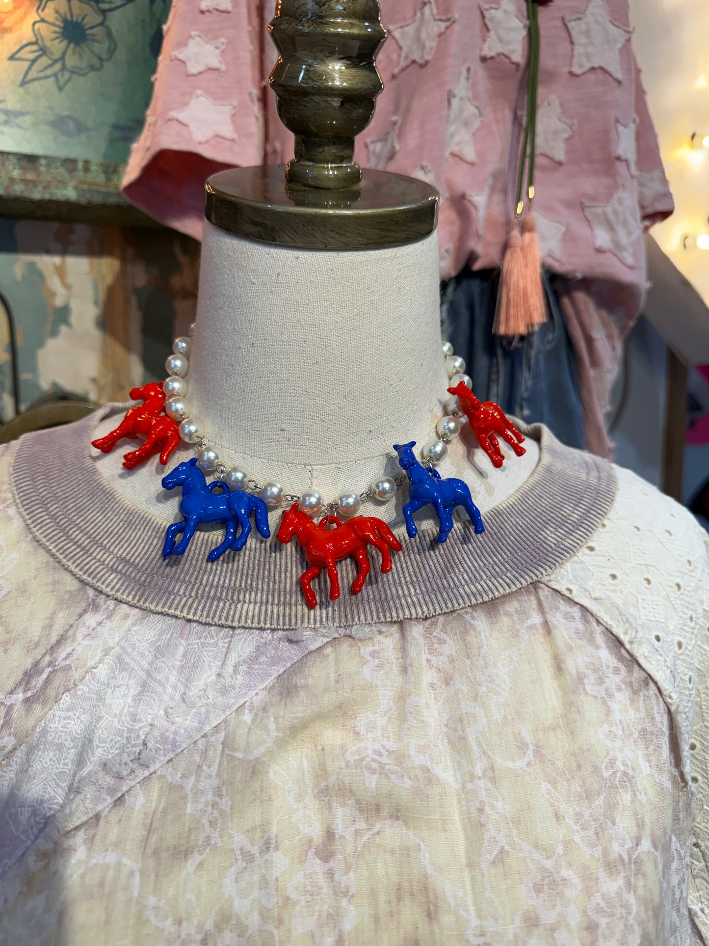 Red and Blue Horses on Inspired Pearl Necklace