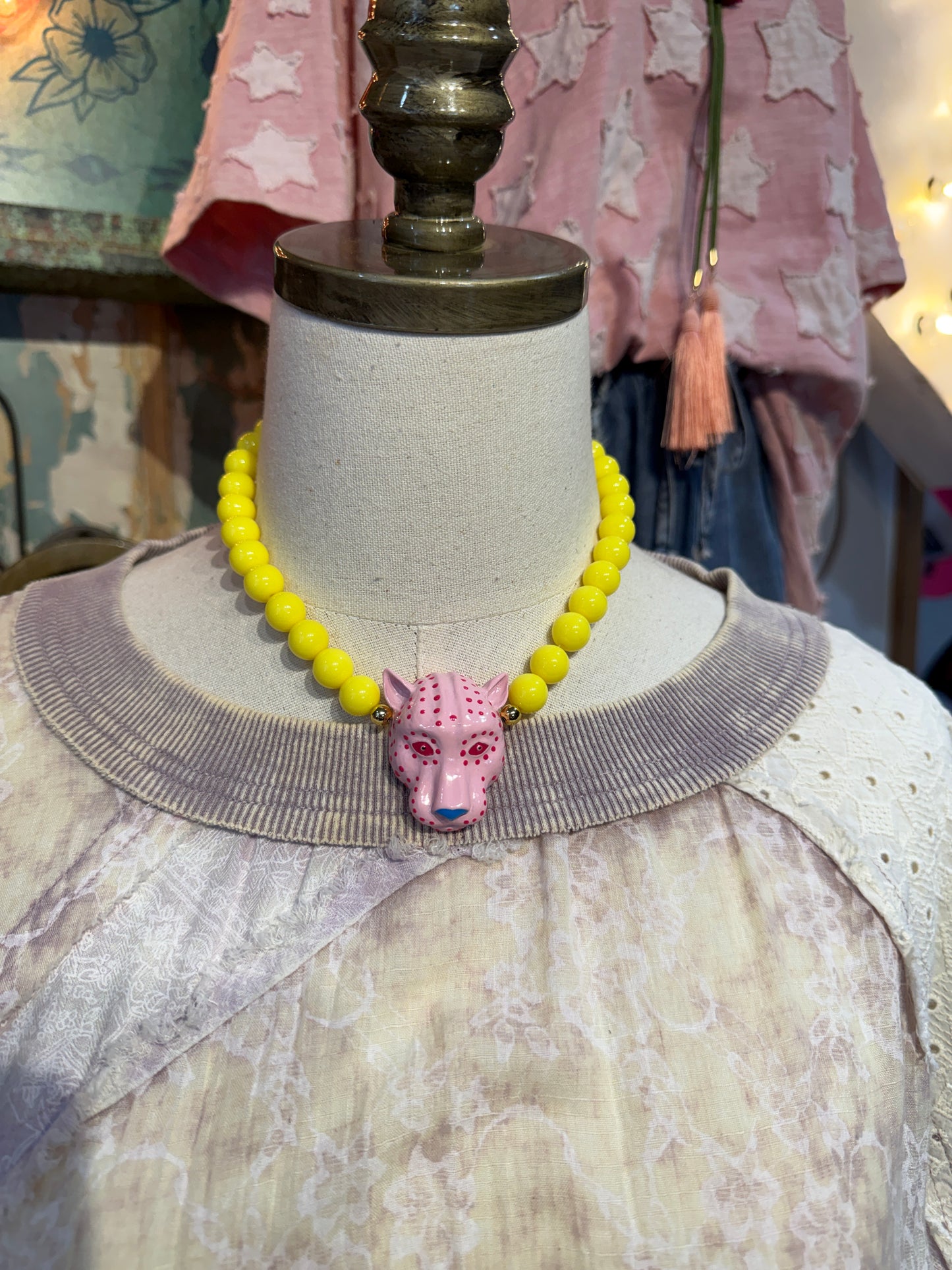 Pink Leopard on Yellow Bead Necklace