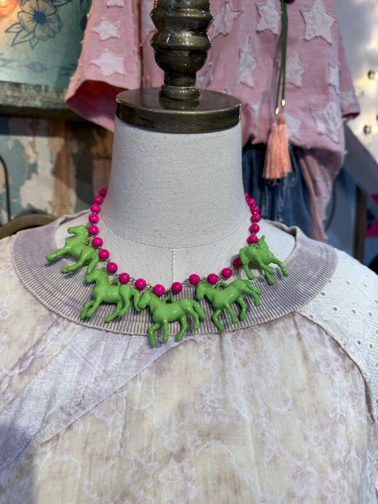 Green Horse on Pink Bead Necklace