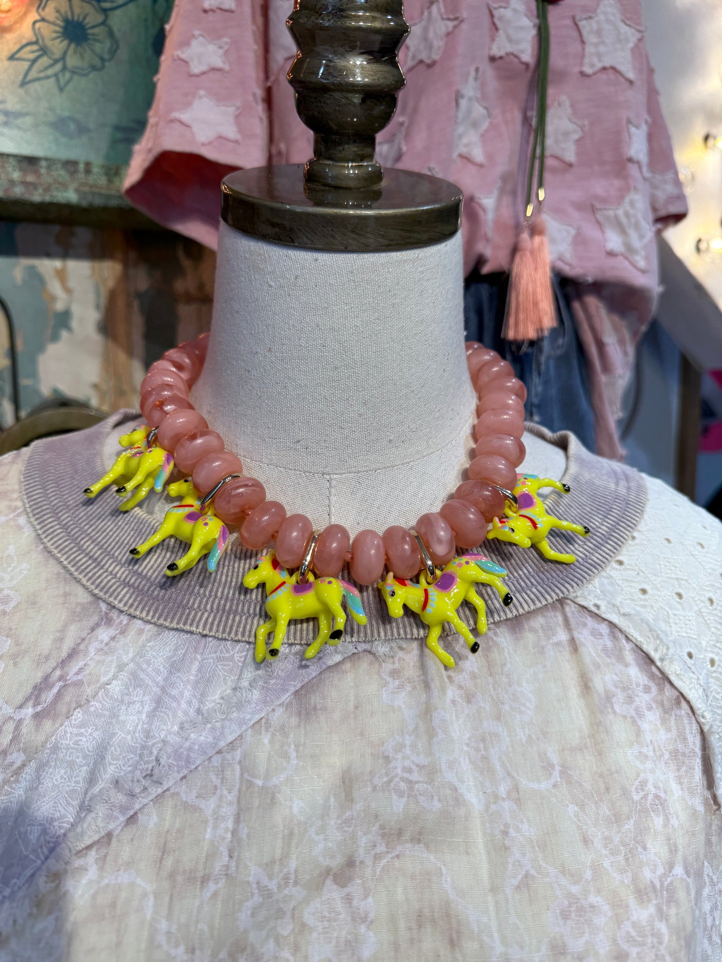 Neon Yellow Horse on Pink Bead Necklace