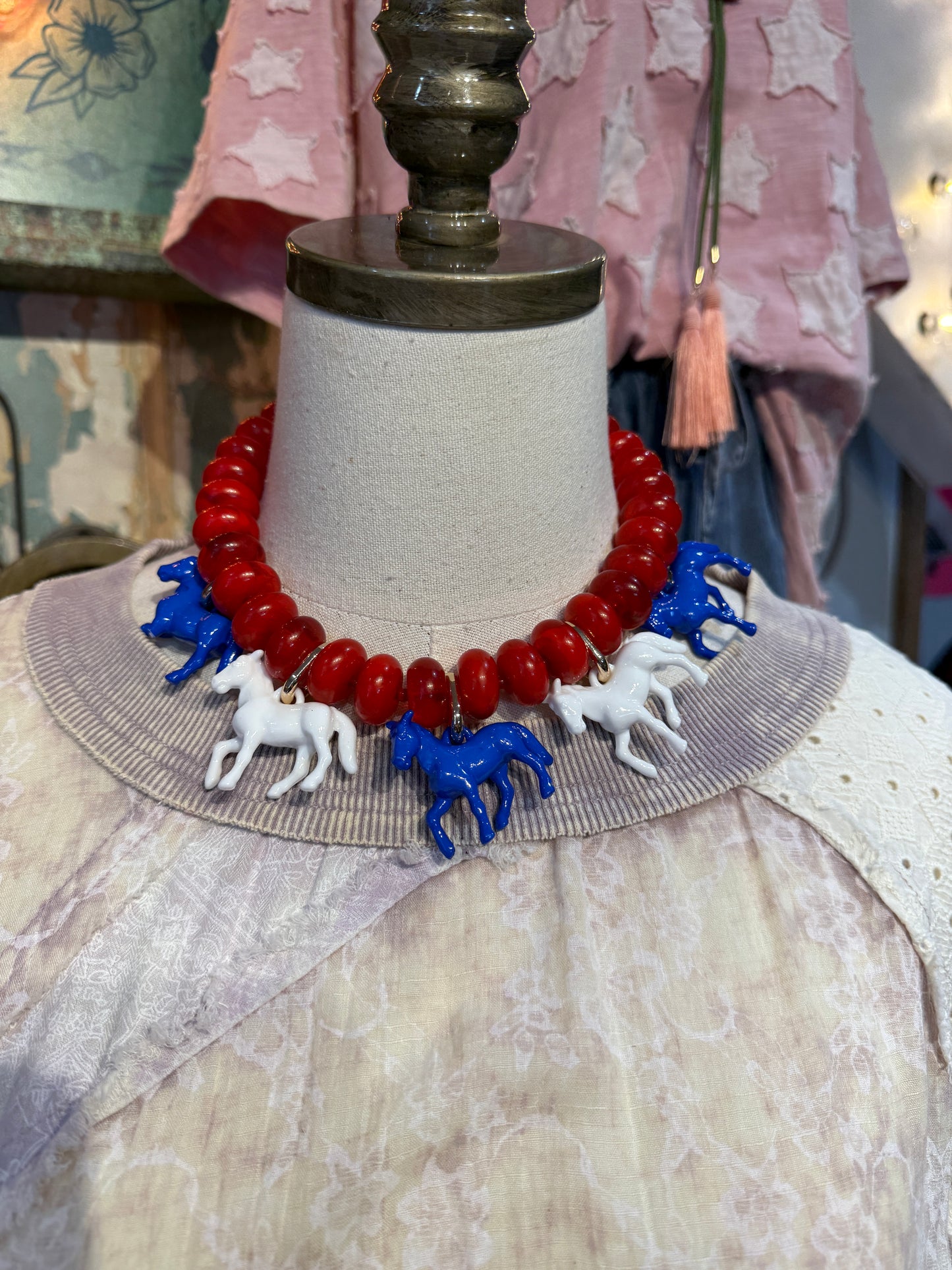 Red, White, and Blue Horses on Red Bead Necklace