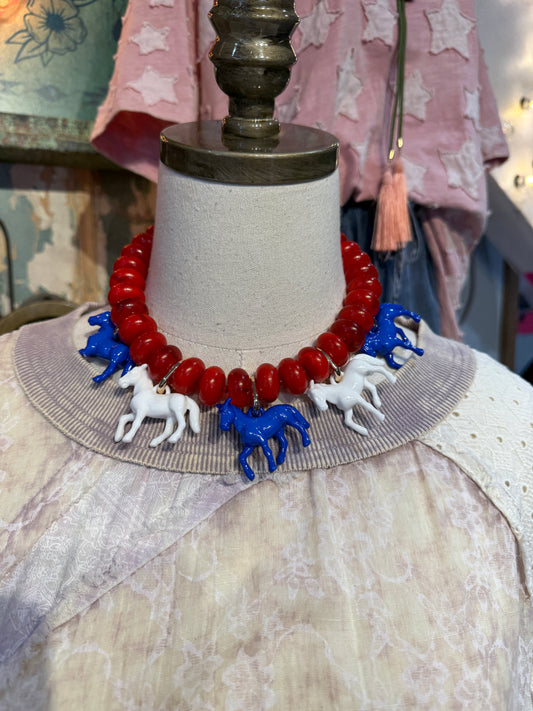 Red, White, and Blue Horses on Red Bead Necklace