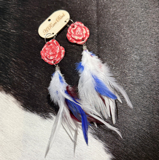 A Rare Bird Rose Feather Red, White, and Blue Earrings