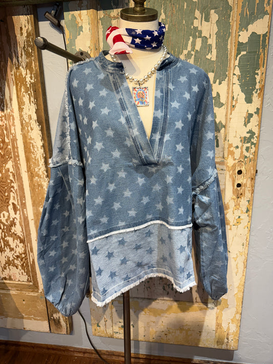 Oversized Bell Sleeve Star Denim Top Oli & Hali