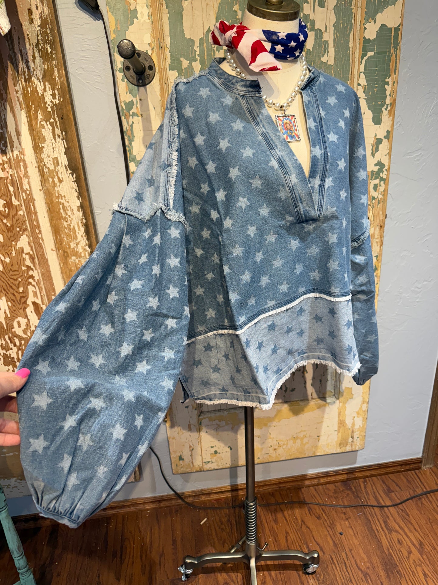 Oversized Bell Sleeve Star Denim Top Oli & Hali