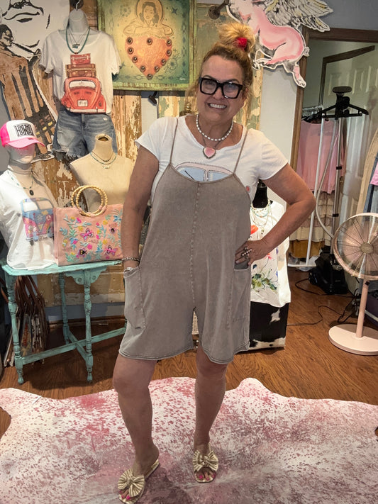 Easel Sleeveless Mineral Washed Tank Romper Mocha