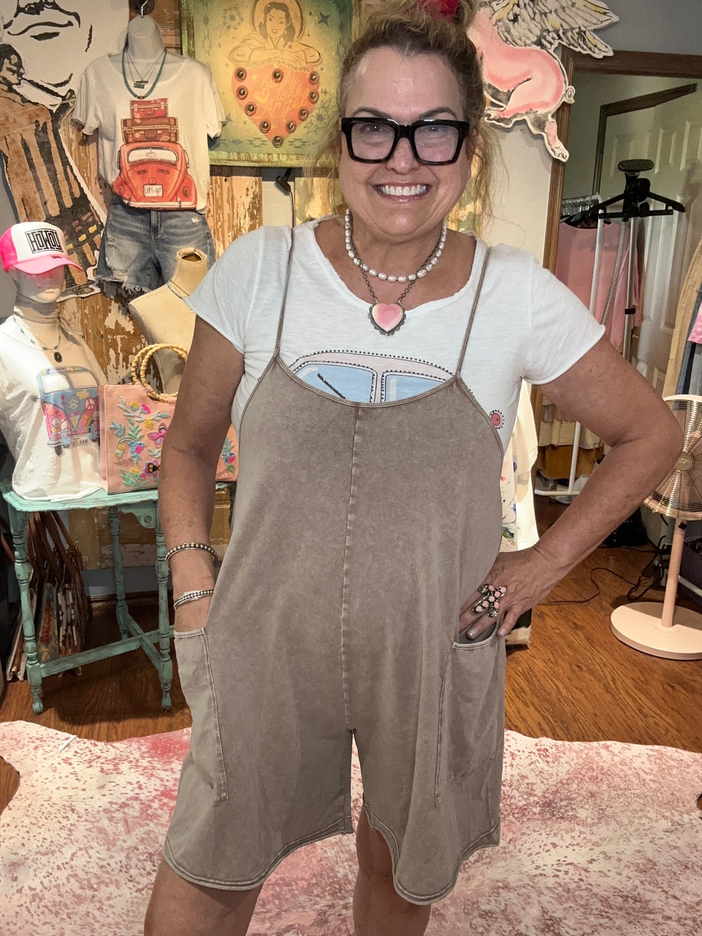 Easel Sleeveless Mineral Washed Tank Romper Mocha