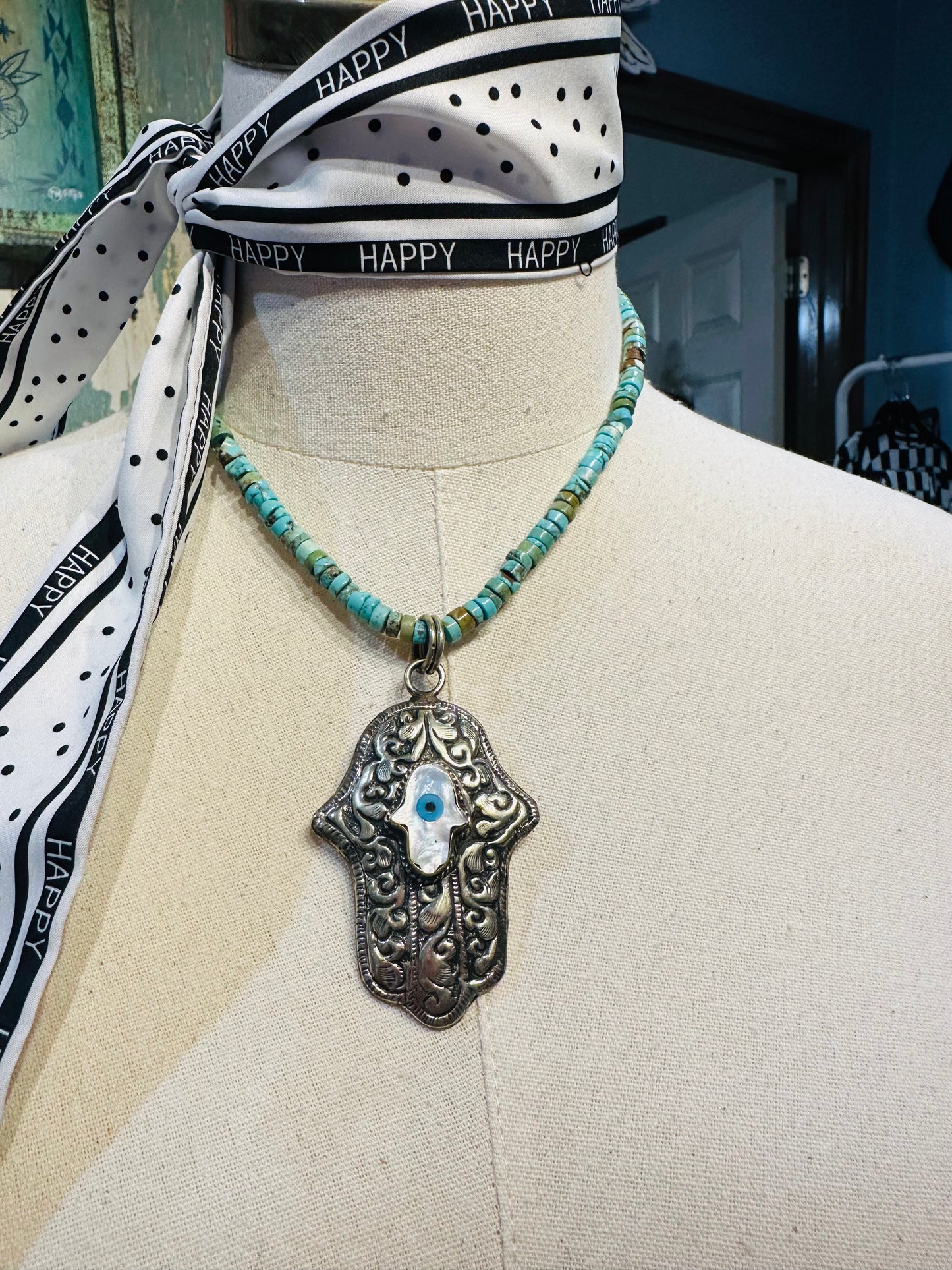 Tibetan Hamsa Pendant on Real Turquoise Necklace with Extender