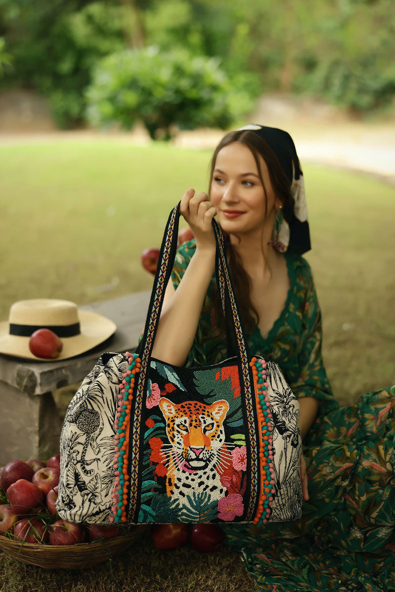 Tropical Leopard Beaded Tote