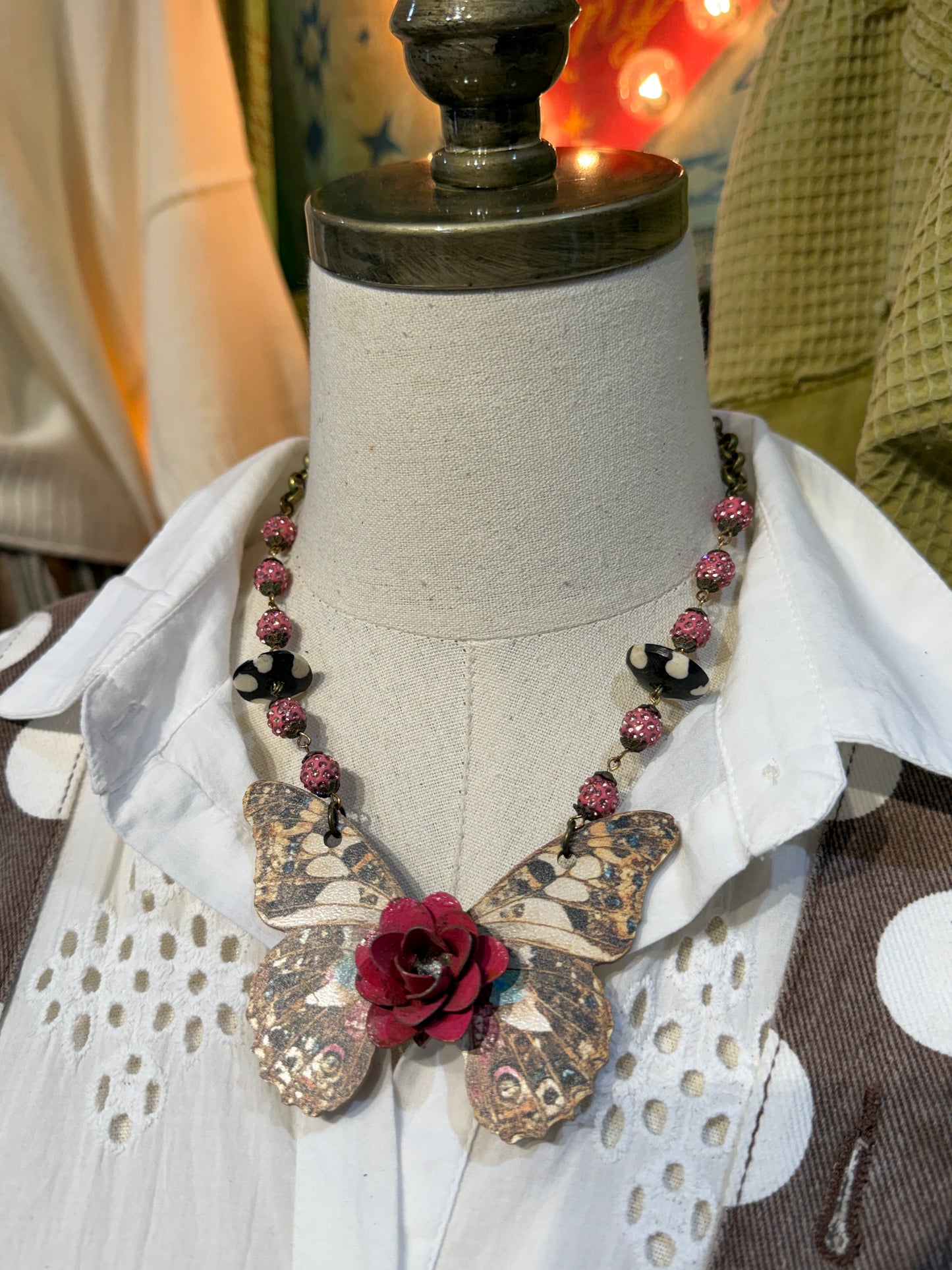 Gypsy South Pink Tin Rose Butterfly Necklace