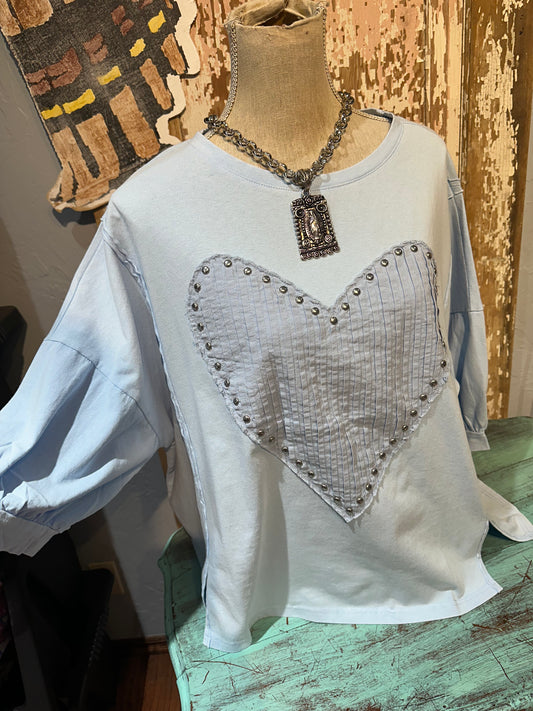 Easel Stud Heart Patch Knit Top Sky Blue