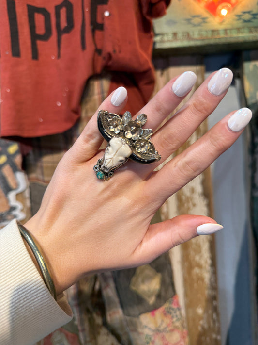 Tibetan Silver Bone Skull with Turquoise Adjustable Ring