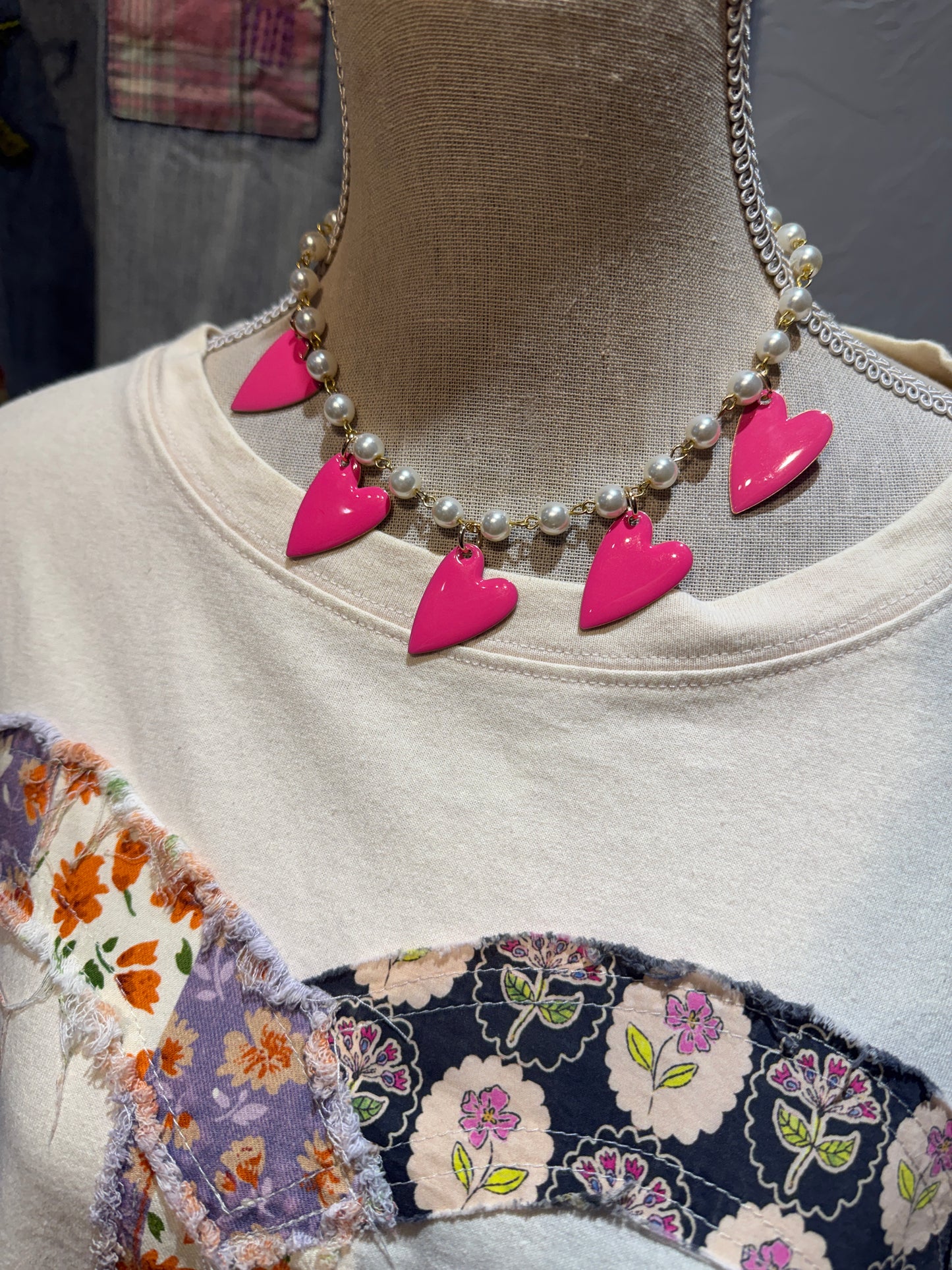 Pink Heart on Pearls Necklace