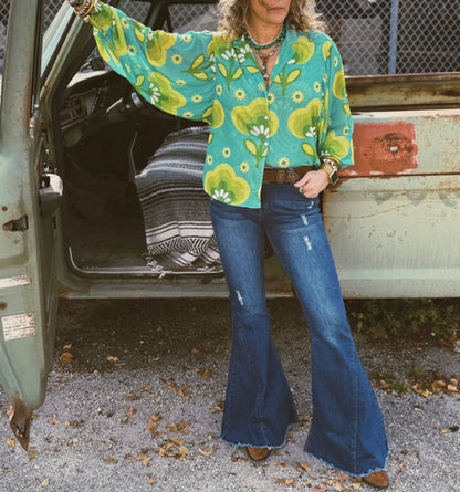 LB Green Printed Sheer Button-Up Top