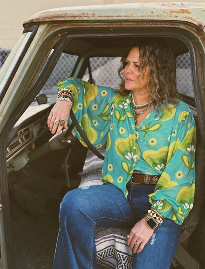 LB Green Printed Sheer Button-Up Top