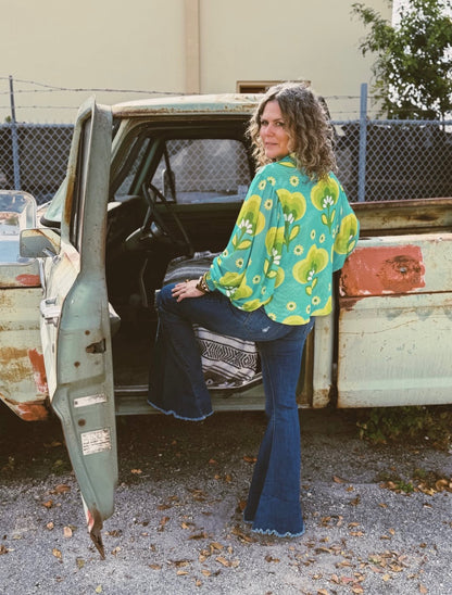 LB Green Printed Sheer Button-Up Top