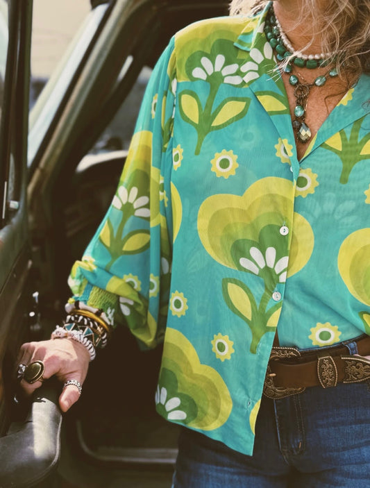 LB Green Printed Sheer Button-Up Top