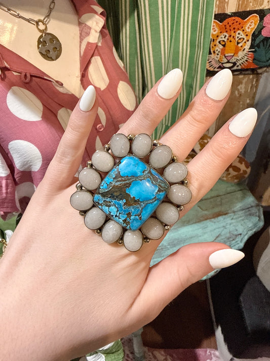 Turquoise and Moonstone Adjustable German Silver Ring