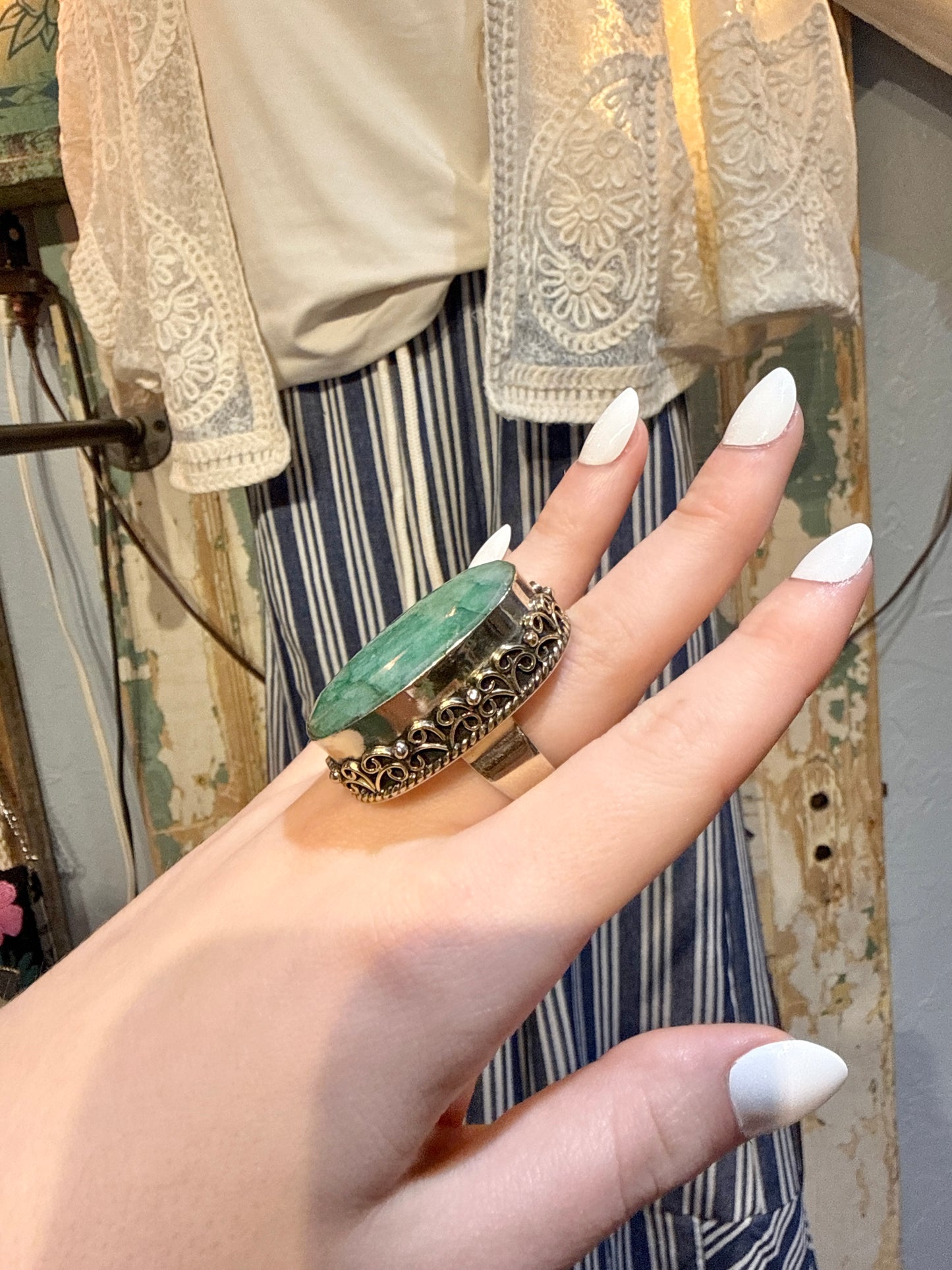Emerald German Silver Adjustable Ring