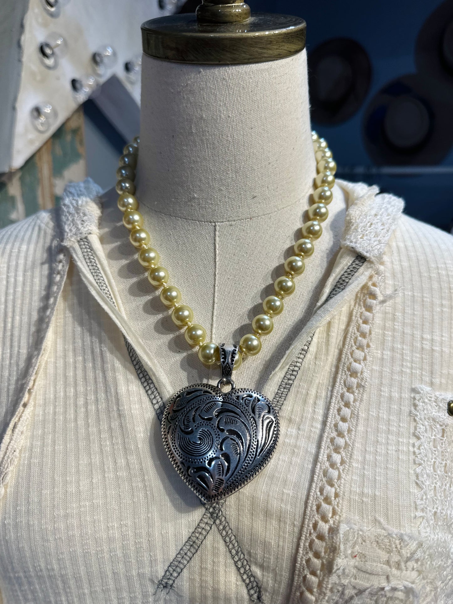 Inspired Champagne Pearl & Silver Heart Necklace