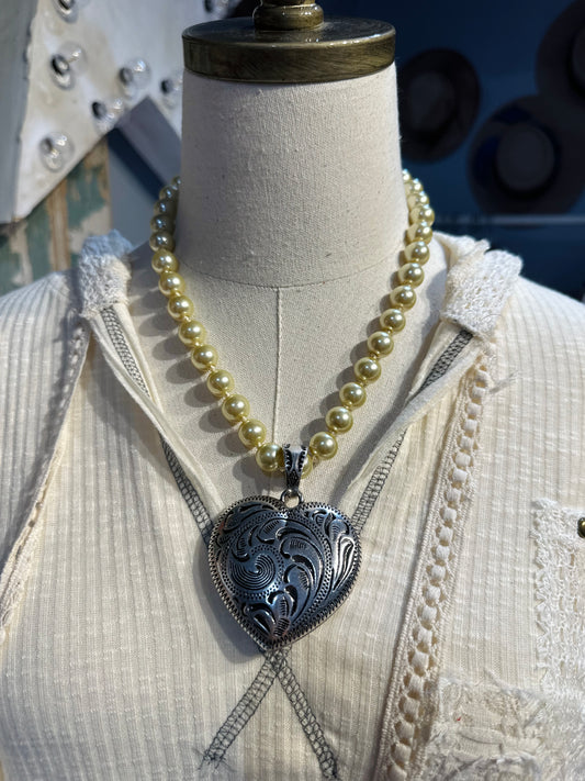 Inspired Champagne Pearl & Silver Heart Necklace